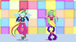 Size: 1920x1073 | Tagged: safe, screencap, lemon zest, rainbow dash, equestria girls, equestria girls specials, g4, my little pony equestria girls: dance magic, clothes, dance magic (song), duo, eyes closed, pants