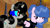 Size: 1791x987 | Tagged: safe, artist:somecoconut, oc, oc only, oc:death darkness, oc:strawberry spill, pegasus, pony, unicorn, clothes, duo, duo female, eyelashes, female, horn, looking at each other, mare, outdoors, pegasus oc, smiling, smiling at each other, sombra eyes, unicorn oc, wings