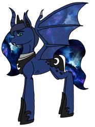 Size: 2627x3523 | Tagged: safe, artist:agdapl, princess luna, alicorn, bat pony, bat pony alicorn, pony, g4, alternate universe, bat ponified, bat wings, ethereal mane, fangs, female, galaxy mane, high res, hoof shoes, horn, lunabat, mare, peytral, race swap, simple background, transparent background, wings