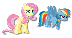 Size: 1920x1024 | Tagged: safe, artist:teal-quil, fluttershy, rainbow dash, pegasus, pony, g4, alternate design, female, mare, simple background, story included, transparent background
