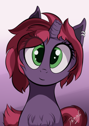 Size: 2480x3508 | Tagged: safe, artist:reminic, oc, oc only, pony, unicorn, big eyes, broken horn, commission, cute, ear piercing, earring, eye clipping through hair, fluffy, high res, horn, jewelry, looking at you, ocbetes, piercing, smiling, smiling at you, solo, unicorn oc