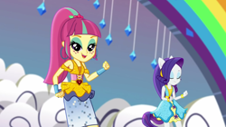 Size: 1920x1073 | Tagged: safe, screencap, rarity, sour sweet, human, equestria girls, equestria girls specials, g4, my little pony equestria girls: dance magic, clothes, disco dress, dress, duo, duo female, ear piercing, earring, eyeshadow, female, freckles, jewelry, makeup, piercing, ponytail