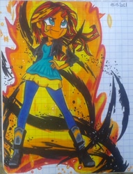 Size: 1343x1756 | Tagged: safe, artist:karadeg, derpibooru exclusive, sunset shimmer, equestria girls, g4, female, fiery shimmer, fire, firebending, solo, traditional art