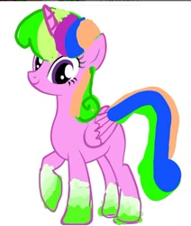 Size: 494x583 | Tagged: safe, artist:rainyponyindo, oc, oc:rainy rainbow, alicorn, pony, 1000 hours in ms paint, alicorn oc, alternate hairstyle, alternate tailstyle, base used, female, gradient hooves, horn, ibispaint x, looking at you, mare, rainbow power, rainbow power-ified, simple background, smiling, solo, white background, wings