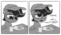 Size: 2000x1161 | Tagged: safe, artist:chopsticks, oc, oc only, oc:chopsticks, pegasus, pony, comic:wtb is this?, cheek fluff, chest fluff, chipped tooth, chopsticks, comic, dialogue, food, hat, implied pinkamena, male, monochrome, rice, simp, sitting, solo, text