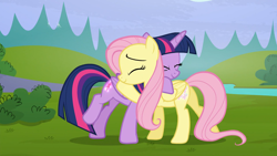 Size: 1920x1080 | Tagged: safe, screencap, fluttershy, twilight sparkle, alicorn, pegasus, pony, g4, season 5, the hooffields and mccolts, 1080p, ^^, butt, cute, duo, duo female, eyes closed, female, flutterbutt, folded wings, glowing cutie mark, hug, mare, plot, shyabetes, smiling, twiabetes, twilight sparkle (alicorn), wings