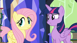 Size: 1920x1080 | Tagged: safe, screencap, fluttershy, twilight sparkle, alicorn, pegasus, pony, g4, season 5, the hooffields and mccolts, book, duo, duo female, female, folded wings, mare, twilight sparkle (alicorn), wings