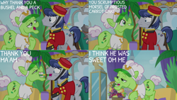 Size: 1280x720 | Tagged: safe, edit, edited screencap, editor:quoterific, screencap, auntie applesauce, welcome inn, earth pony, pony, g4, grannies gone wild, season 8, bits, female, golden horseshoes, male, mare, open mouth, stallion