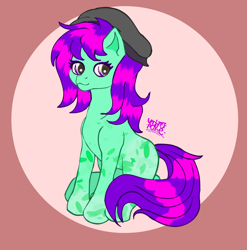 Size: 2450x2479 | Tagged: safe, artist:umbrapone, oc, oc:velvetsprinkle, earth pony, pony, coat markings, dappled, green coat, hat, high res, looking at you, purple mane, requested art, simple background, sitting, solo, striped mane