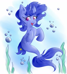 Size: 1280x1409 | Tagged: safe, artist:nedemai, oc, oc only, oc:nedi, pony, seapony (g4), unicorn, blue mane, bubble, dorsal fin, fish tail, flowing mane, flowing tail, horn, looking at you, ocean, open mouth, open smile, purple eyes, seaponified, seaweed, smiling, solo, species swap, tail, underwater, water