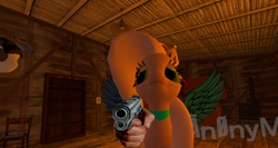 Size: 1408x747 | Tagged: safe, oc, oc only, pony, 3d, gun, photoshop, solo, swamp cinema, weapon