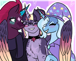 Size: 1024x820 | Tagged: safe, artist:sadtvprince, tempest shadow, trixie, twilight sparkle, alicorn, pony, unicorn, g4, alternate design, blushing, chest fluff, choker, clothes, coat markings, colored wings, colored wingtips, curved horn, facial markings, female, glasses, grin, horn, hug, lesbian, polyamory, prosthetic horn, prosthetics, scarf, ship:tempestlight, ship:tempestrix, ship:twixie, shipping, smiling, snip (coat marking), star (coat marking), star mark, tempest gets her horn back, twilight sparkle (alicorn), winghug, wings