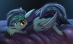 Size: 4000x2383 | Tagged: safe, artist:ask-colorsound, oc, oc only, oc:target strike, pegasus, pony, :p, bandana, cute, heterochromia, high res, looking at you, lying down, male, pegasus oc, prone, smiling, smiling at you, solo, stallion, tongue out, unshorn fetlocks