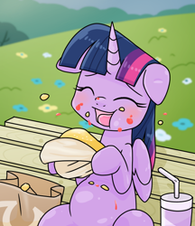 Size: 640x740 | Tagged: safe, artist:batipin, twilight sparkle, alicorn, pony, bench, blushing, burger, chubby, chubby twilight, cute, drink, eating, eyes closed, floppy ears, food, hay burger, herbivore, messy eating, sitting, solo, twiabetes, twilight burgkle, twilight sparkle (alicorn)