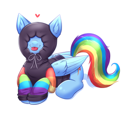 Size: 3717x3360 | Tagged: safe, artist:confetticakez, rainbow dash, pegasus, pony, g4, :p, backwards cutie mark, clothes, cute, dashabetes, female, floating heart, heart, high res, hoodie, lying down, mare, prone, rainbow dork, silly, silly pony, simple background, smiling, solo, tongue out, white background
