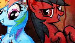 Size: 1280x739 | Tagged: safe, artist:mycreepyponycartoon, rainbow dash, oc, pegasus, pony, g4, blood, close-up, female, looking at you, mare, raised hoof, recolor, red and black oc, red eyes, smiling