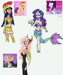 Size: 1747x2073 | Tagged: safe, artist:citi, fluttershy, rarity, twilight sparkle, alicorn, human, g4, scare master, armor, athena sparkle, breasts, busty fluttershy, busty rarity, cleavage, clothes, costume, dress, fake ears, flutterbat costume, humanized, mermaid tail, mermarity, nightmare night costume, rarity's mermaid dress, scene interpretation, screencap reference, sleeveless, twilight sparkle (alicorn)
