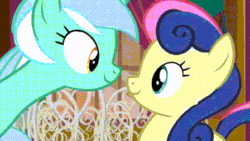 Size: 448x252 | Tagged: safe, screencap, bon bon, lyra heartstrings, sweetie drops, earth pony, pony, unicorn, g4, season 5, slice of life (episode), adorabon, animated, blinking, boop, cute, female, gif, lesbian, long neck, looking at each other, loop, lyrabetes, mare, noseboop, ship:lyrabon, shipping, smiling, smiling at each other