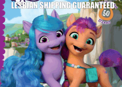 Size: 1600x1146 | Tagged: safe, edit, izzy moonbow, sunny starscout, earth pony, pony, unicorn, g5, my little pony: a new adventure, book, book cover, cover, cute, female, gif, lesbian, lighthouse, mare, maretime bay, my little pony logo, non-animated gif, pony history, ship:moonscout, shipping, sunnybetes, uvula