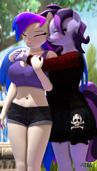 Size: 1080x1920 | Tagged: safe, artist:anthroponiessfm, oc, oc only, oc:inkwell stylus, oc:raven storm, pegasus, anthro, 3d, anthro oc, belly button, blushing, breasts, clothes, cute, daaaaaaaaaaaw, eyes closed, female, hug, midriff, pegasus oc, shirt, shorts, skirt, source filmmaker