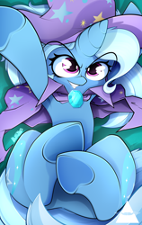 Size: 2894x4592 | Tagged: safe, artist:ahekao, trixie, pony, unicorn, g4, armpits, brooch, cape, clothes, cute, female, frog (hoof), hat, hug, jewelry, mare, smiling, solo, trixie's brooch, trixie's cape, trixie's hat, underhoof