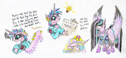 Size: 1024x475 | Tagged: safe, artist:grimmyweirdy, princess cadance, princess flurry heart, princess luna, alicorn, pony, comic:a flurry of chaos, between dark and dawn, g4, alternate hairstyle, clothes, clothes swap, collar, episode reference, eyes closed, eyeshadow, facehoof, goth, hair over eyes, lightbulb, makeup, malicious compliance, mane swap, newspaper, next generation, older, older flurry heart, older princess cadance, piercing, princess emo heart, punklestia, spiked collar, wing piercing