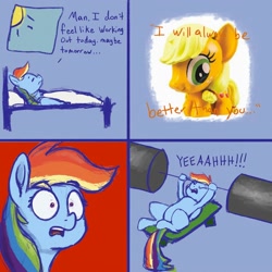 Size: 2000x2000 | Tagged: safe, artist:phutashi, applejack, rainbow dash, earth pony, pegasus, pony, g4, 4 panel comic, atg 2021, bed, comic, competition, competitive, dialogue, dumbbell (object), duo, exercise, eyebrows, eyebrows visible through hair, female, gasp, high res, lying down, mare, morning, motivation, newbie artist training grounds, on back, open mouth, shocked, thought bubble, waking up, weights, wide eyes, window, yeah!!!!!!!!