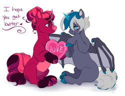 Size: 2200x1700 | Tagged: safe, artist:theartfox2468, oc, oc only, oc:elizabat stormfeather, oc:venus red heart, alicorn, bat pony, bat pony alicorn, pony, alicorn oc, bat pony oc, bat wings, chest fluff, crying, curved horn, cute, ear fluff, fangs, female, glasses, heart, heart eyes, horn, leg fluff, mare, missing cutie mark, positive ponies, simple background, sitting, support, unshorn fetlocks, white background, wingding eyes, wings