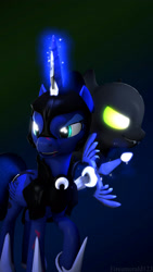 Size: 2160x3840 | Tagged: safe, artist:fireemerald123, princess luna, oc, oc:voice, alicorn, pony, g4, 3d, glowing eyes, high res, poster, source filmmaker, sword, the perfect shape, void entity, watermark, weapon