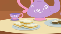 Size: 1280x720 | Tagged: safe, screencap, discordant harmony, g4, background, cup, fluttershy's cottage (interior), food, no pony, plate, sandwich, scenic ponyville, teacup, teapot