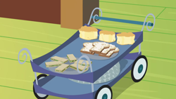 Size: 1280x720 | Tagged: safe, screencap, discordant harmony, g4, background, chariot, fluttershy's cottage (interior), food, liminal space, no pony, sandwich, scenic ponyville, tray