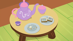 Size: 1280x720 | Tagged: safe, screencap, discordant harmony, g4, background, crust, cup, fluttershy's cottage (interior), food, liminal space, no pony, plate, sandwich, scenic ponyville, teacup, teapot