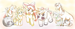 Size: 1285x500 | Tagged: safe, artist:鮹ぼーる, apple bloom, applejack, big macintosh, granny smith, winona, dog, earth pony, pony, g4, crossover, makibao, midori no makibao