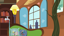 Size: 1280x720 | Tagged: safe, screencap, discord, fluttershy, discordant harmony, g4, background, faucet, fluttershy's cottage (interior), lamp, liminal space, no pony, pillow, scenic ponyville, surreal