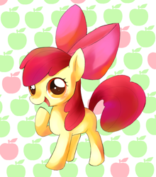 Size: 900x1024 | Tagged: safe, artist:ころにゃん, apple bloom, pony, g4, adorabloom, apple, blank flank, blushing, cute, female, filly, food, open mouth, pixiv, solo