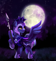 Size: 2500x2713 | Tagged: safe, artist:breloomsgarden, oc, oc only, oc:lishka, pegasus, pony, armor, female, guard, guardsmare, helmet, high res, mare, moon, night, night guard, royal guard, solo, spear, spread wings, weapon, wings