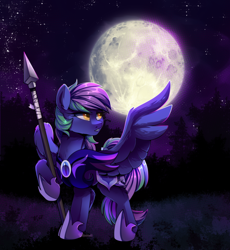 Size: 2500x2713 | Tagged: safe, alternate version, artist:breloomsgarden, oc, oc only, oc:lishka, pegasus, pony, female, guard, guardsmare, high res, mare, moon, night, night guard, royal guard, solo, spear, spread wings, weapon, wings