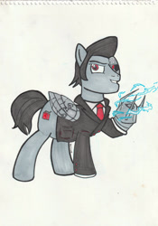 Size: 2051x2925 | Tagged: safe, artist:detour, oc, oc only, oc:gas guzzler, pegasus, pony, cybernetic wing, high res, male, necktie, solo, stallion