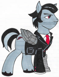 Size: 1051x1354 | Tagged: safe, artist:detour, oc, oc only, oc:gas guzzler, pegasus, pony, cybernetic wing, male, necktie, solo, stallion