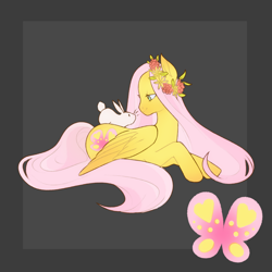 Size: 1280x1280 | Tagged: safe, artist:pearyboo, fluttershy, butterfly, pegasus, pony, rabbit, g4, alternate cutie mark, animal, cutie mark, duo, female, floral head wreath, flower, folded wings, lidded eyes, looking at each other, looking at someone, lying down, mare, prone, simple background, smiling, turned head, wings