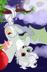 Size: 1800x2767 | Tagged: safe, artist:2pandita, oc, oc only, bat pony, pony, apple, behaving like a bat, female, food, heterochromia, mare, moon, prehensile tail, solo, tail hold