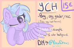 Size: 4182x2774 | Tagged: safe, artist:vinca, oc, oc only, oc:vinca aquamarine, pegasus, pony, unicorn, advertisement, commission, female, mare, solo, wings, ych example, your character here