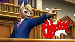 Size: 3840x2160 | Tagged: safe, artist:antonsfms, oc, oc only, oc:nickyequeen, donkey, anthro, 3d, ace attorney, alternate universe, anthro oc, attorney, badge, banner, clothes, commission, commissioner:nickyequeen, court, courtroom, crossover, desk, donkey oc, formal attire, formal wear, high res, image set, male, meme, nickywright, objection, open mouth, phoenix wright, pointing, rule 85, solo, source filmmaker, suit, text, yelling