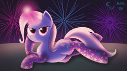 Size: 3840x2160 | Tagged: safe, artist:cosmikvek, trixie, pony, unicorn, g4, belly button, clothes, female, fireworks, high res, looking at you, lying down, magic, mare, night, smiling, socks, solo, thigh highs