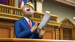 Size: 3840x2160 | Tagged: safe, alternate version, artist:antonsfms, oc, oc only, oc:nickyequeen, donkey, anthro, 3d, ace attorney, alternate universe, anthro oc, attorney, badge, banner, clothes, commission, commissioner:nickyequeen, court, courtroom, crossover, desk, document, donkey oc, formal attire, formal wear, high res, holding, image set, male, nickywright, paper, phoenix wright, pointing, smug, solo, source filmmaker, suit