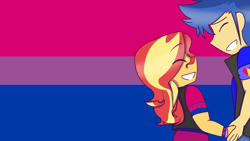 Size: 1280x720 | Tagged: safe, artist:eveart13, flash sentry, sunset shimmer, equestria girls, g4, bisexual, bisexual pride flag, female, male, pride, pride flag, ship:flashimmer, shipping, straight