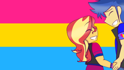 Size: 1280x720 | Tagged: safe, artist:eveart13, flash sentry, sunset shimmer, equestria girls, g4, female, male, pansexual, pansexual pride flag, pride, pride flag, ship:flashimmer, shipping, straight