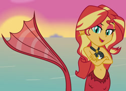 Size: 1024x745 | Tagged: safe, artist:emeraldblast63, sunset shimmer, mermaid, siren, equestria girls, g4, belly button, bikini, bikini top, clothes, crossed arms, dreamworks face, ear fins, female, fins, mermaid tail, mermaidized, mermay, open mouth, open smile, sirenified, sleeveless, slit pupils, smiling, solo, species swap, sunset, sunset siren, swimsuit