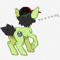 Size: 744x744 | Tagged: safe, artist:mclovin, oc, oc only, oc:topsy, earth pony, pony, butt, cap, earth pony oc, hat, plot, raised hoof, rear view, short hair, short tail, simple background, solo, white background