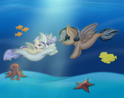 Size: 1568x1240 | Tagged: safe, artist:kate1522, oc, oc only, fish, octopus, pegasus, pony, seapony (g4), starfish, unicorn, contest entry, crepuscular rays, dorsal fin, fin wings, fish tail, flowing tail, horn, ocean, seaponified, species swap, sunlight, swimming, tail, underwater, water, wings